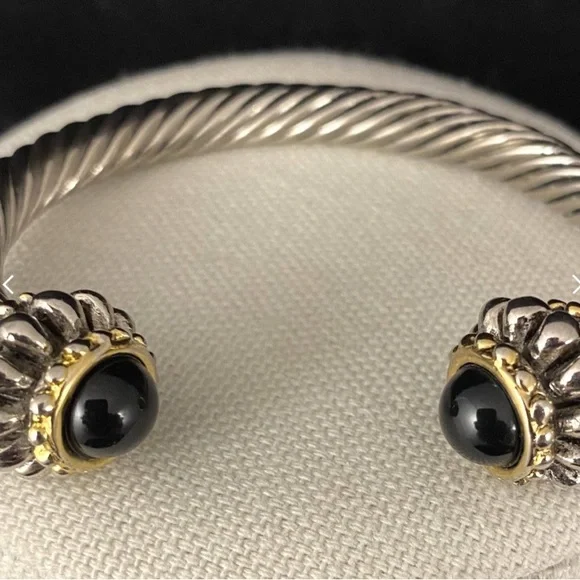 Cable Silver Bracelet Black Stone Gold Bead Tone Accent Adjustable Wrist Jewelry - Picture 1 of 10